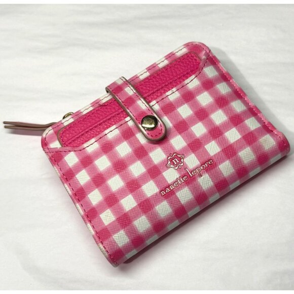 Nanette Lepore pink white gingham zip around wallet bi fold id slot comes out - Picture 3 of 10